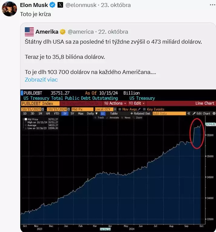 Elon Musk: Štátny dlh USA sa za tri týždne zvýšil o 473 miliárd dolárov, toto je kríza