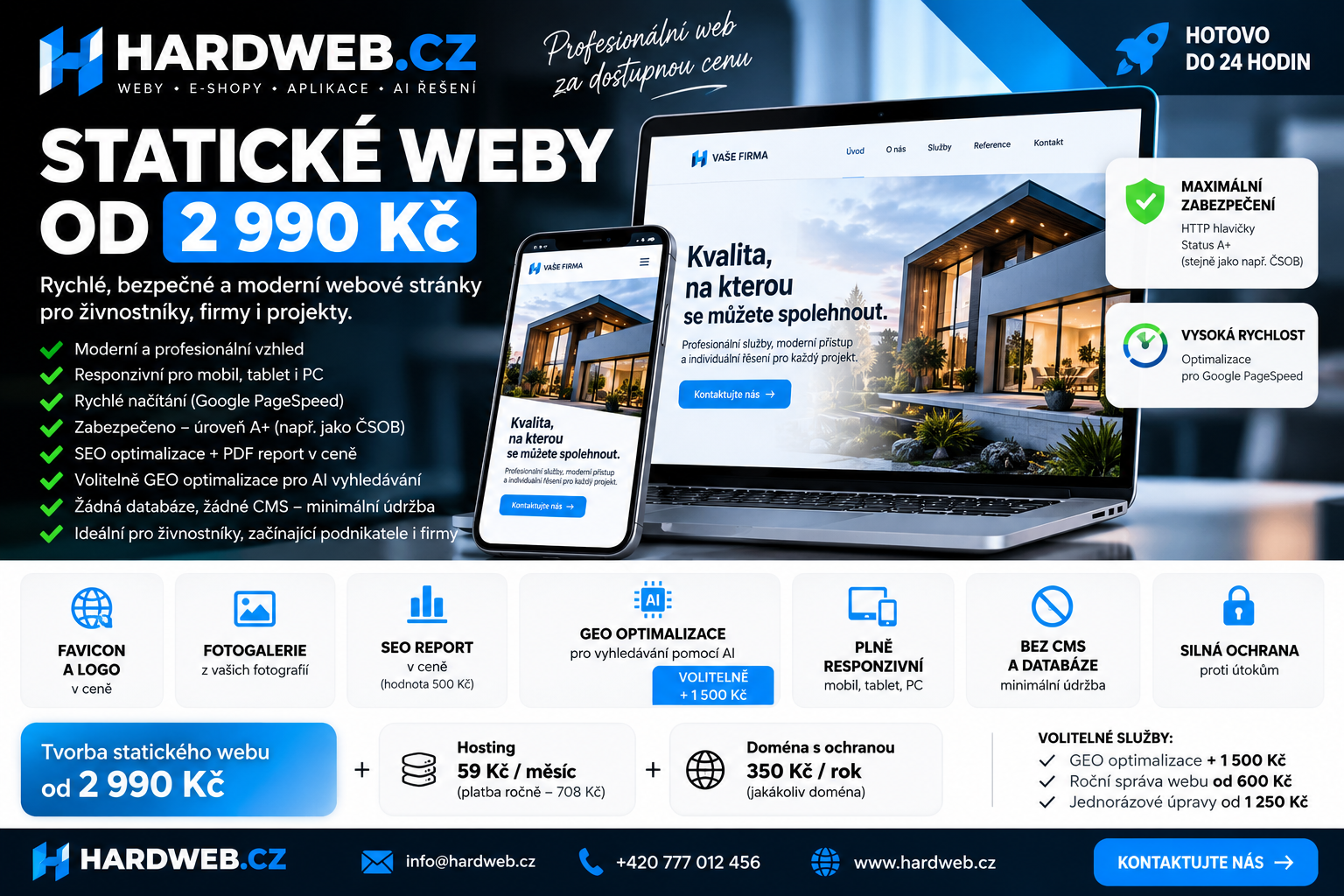 Statický web od 2 990 Kč: rychlé a bezpečné řešení pro živnostníky i firmy